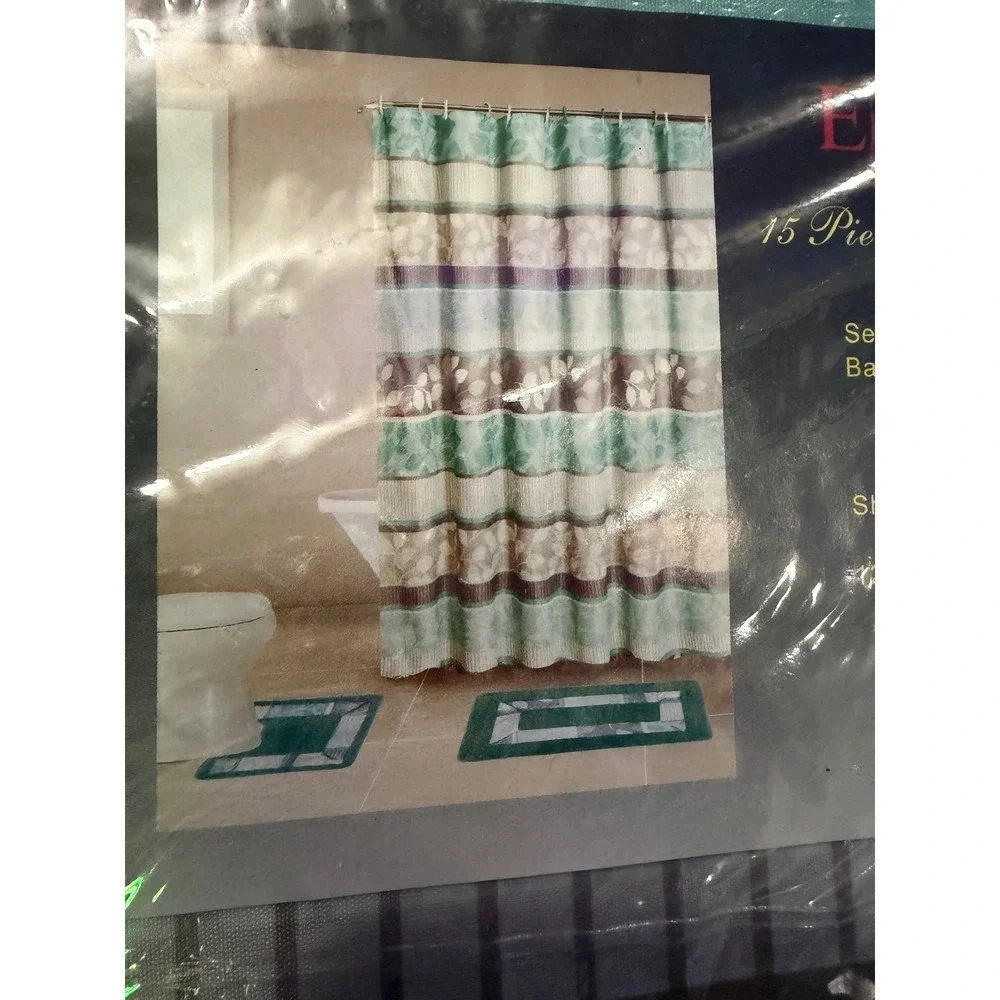 Empire Zen 15 Piece Bathroom Set Shower Curtain 2 Bath Mats 12 Hooks Green Teal